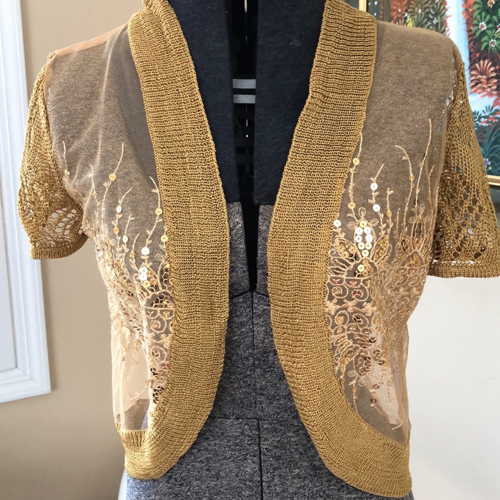 NWT 🔥❤️ Gold sequin dressy shrug short sleeve sweater SZ petite Small